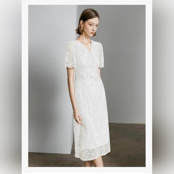 Lace Floral V-Neck Dress with Puff Sleeves and Back Zipper #1001 - Picture 6 of 12